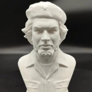 On voit une statue qui représente le buste de Che Guevara en plâtre. Les détails sont précis et on reconnaît trait pour trait le révolutionnaire.