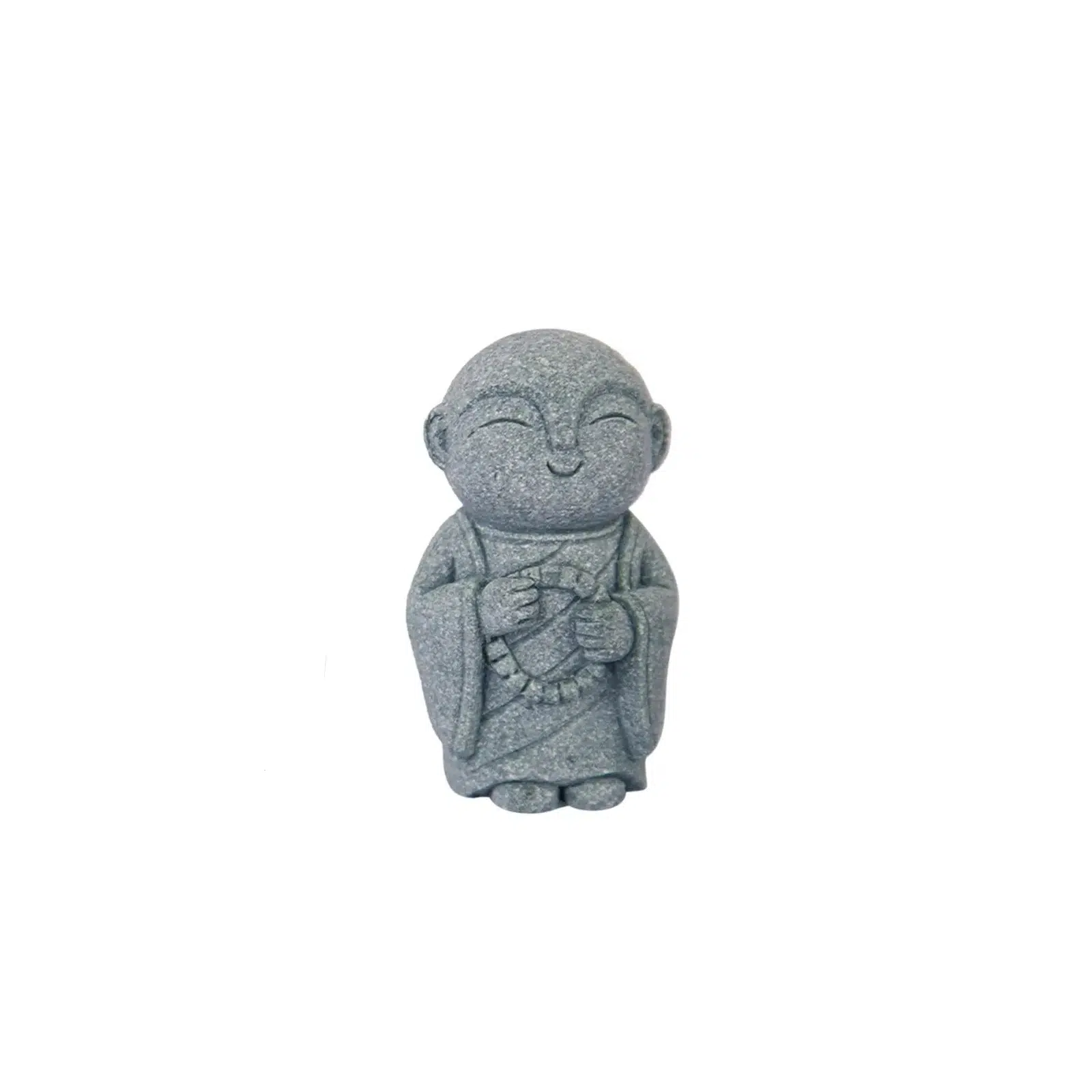 Statue grise d'un petit moine debout avec un collier à la main