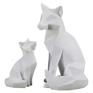 Deux statues de renard géométriques blanc style origami