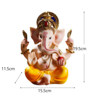 Statue de Ganesh coloré en rose pâle avec un pantalon orange et une coiffe dorée