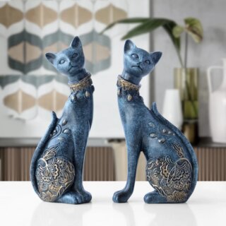 2 statues face à face de chat bleu marine, avec dorure en décoration
