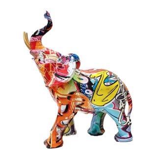 Statue d'éléphant coloré graffiti la tête et la trompe lévés