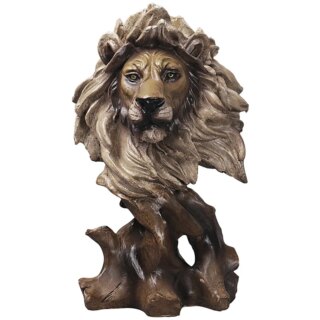 Statue de la tête d'un lion de couleur marron. Porté par des morceaux de bois
