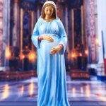 Statue de la vierge marie enceinte avec une robe bleue et un voile blanc