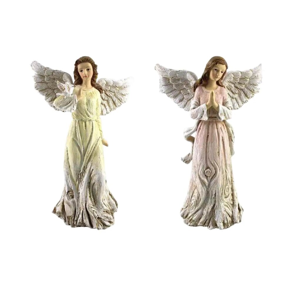 2840-wyrhcw.jpg On voit deux statues d'anges portant des robes rose et jaune sur un fond blanc.