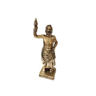 Sur fond blanc, on voit une statue e Zeus, dorée qui tient une flamme en l'air.
