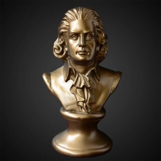 Sur fond noir, on voit un buste d'homme doré : celui de Mozart.