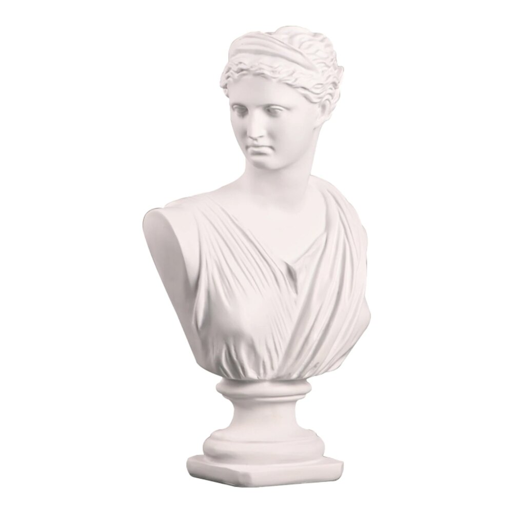 Photo d'une statue buste de femme sans bras avec haut drapé et couronne sur piédestal le tout blanc
