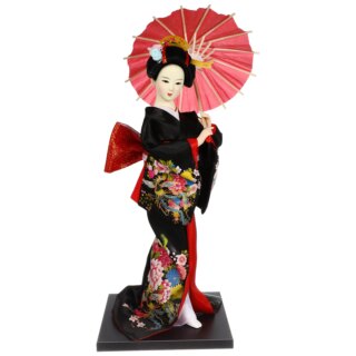 Sur fond blanc, on voit une statue de Geisha japonaise et son kimono coloré. Elle porte une ombrelle rouge et les couleurs sont le noir et le rouge.