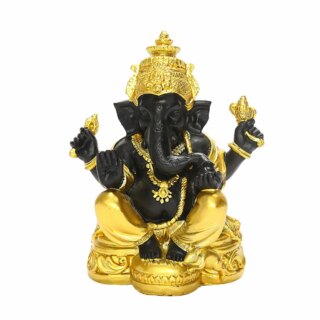 Petite statue de Ganesh noire et dorée sur fond blanc.