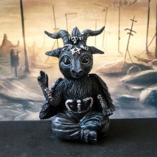 On voit une statue noire représentant Baphomet à la manière d'un dessin animé.
