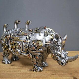 Statue industrielle rhinocéros en engrenages, argenté et doré sur une table en bois