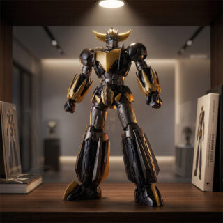 Une statue Goldorak version Black articulée et à assembler est exposée fièrement dans un meuble en bois. Ce grand robot noir brillant porte une armure dorée sur le torse et la tête. Il se tient sous la lumière d'une lampe, entouré de livres d'art dans une ambiance de collectionneur moderne.